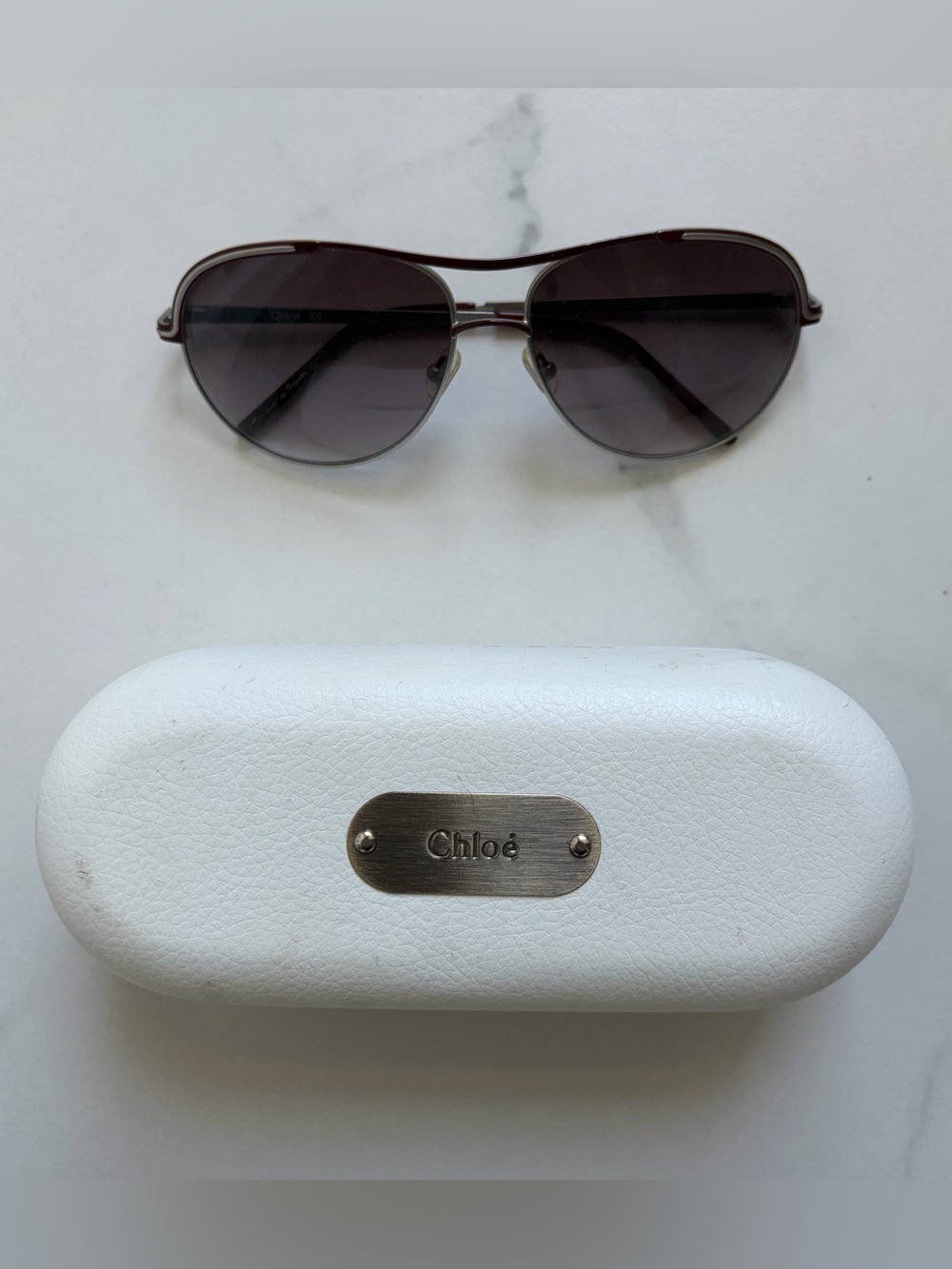 Chloé CL2245 Aviator Sunglasses Silver Burgundy Red Gradient Lenses W/ Case